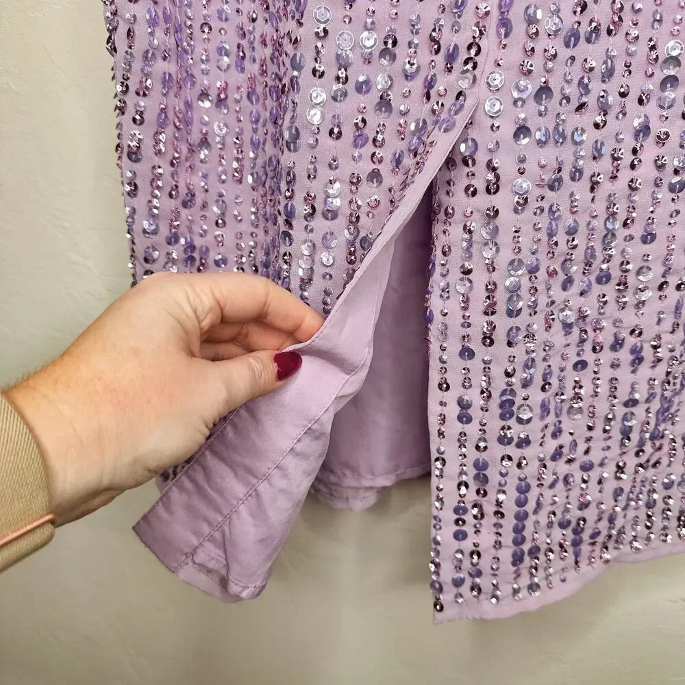 Mac Duggal Sequin Illusion Long Puff Sleeve 107641 Evening Tea Length Midi Dress - Picture 10 of 16